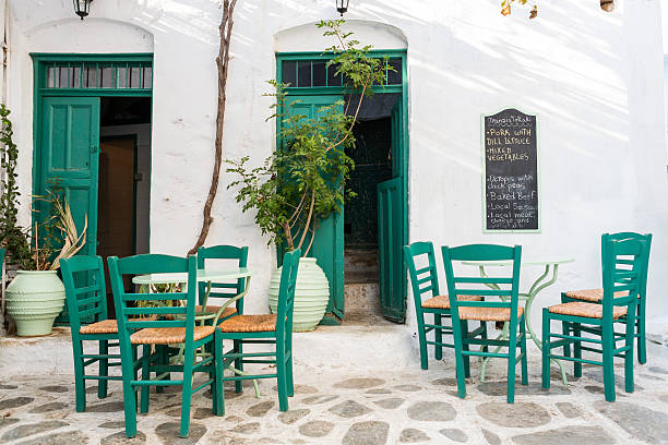 Amorgos, Greece - August 24, 2016: A restaurant facade of a traditional 'taverna' or restaurant in the Cyclades islands of Greece. Colors often match the place to appeal to visitors.