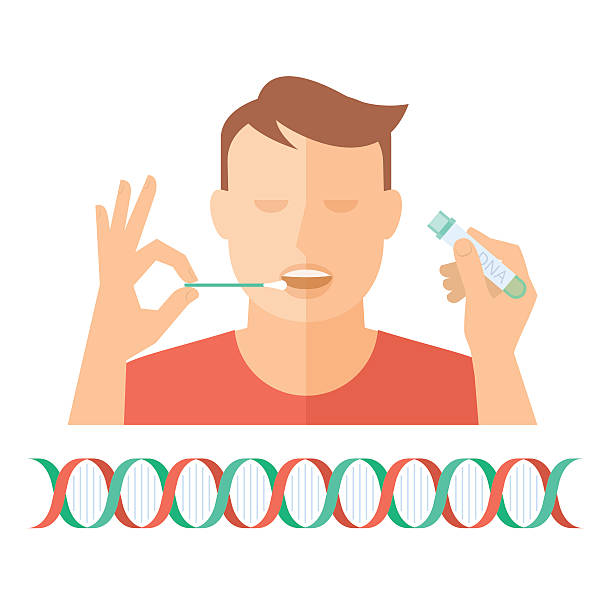 Hand taking a bodily fluid sample for DNA test. Hand taking a bodily fluid sample for DNA test from a man. Concept flat illustration of hand holding a swab, a man with open mouth, and hand with test-tube container. Vector infographic element. coil tubing stock illustrations