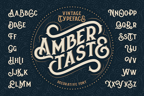 Vintage decorative font named "Amber Taste" Vintage decorative font named "Amber Taste" with label design and background pattern typescript stock illustrations
