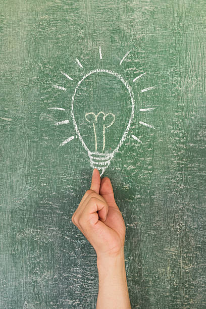 istock Ideas Light Bulb Concept Work on Blackboard and male hand 607257356