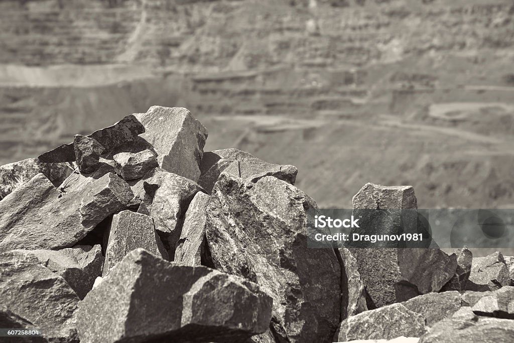 Iron ore Iron ore opencast mining: close up view - black and white image Quarry Stock Photo