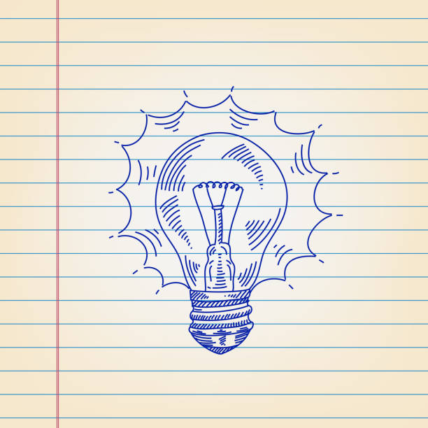 illustrazioni stock, clip art, cartoni animati e icone di tendenza di idea lampadina disegno su carta rigata - light bulb inspiration ideas inks on paper