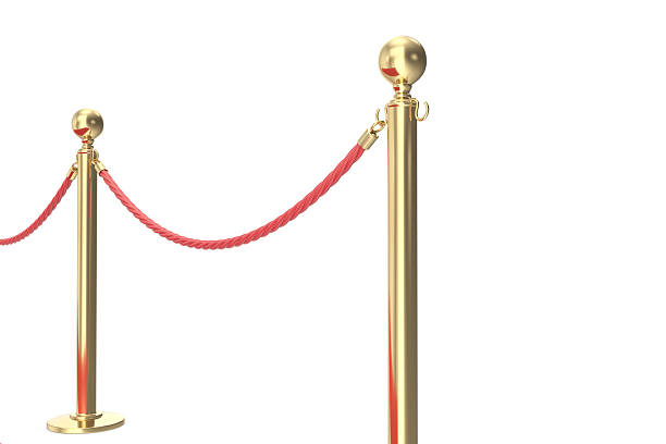 istock Gold barrier with red rope. 3d illustration isolated on white 607259034