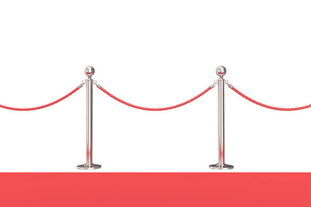 istock Silver barrier with red rope. 3d illustration isolated on white 607259144