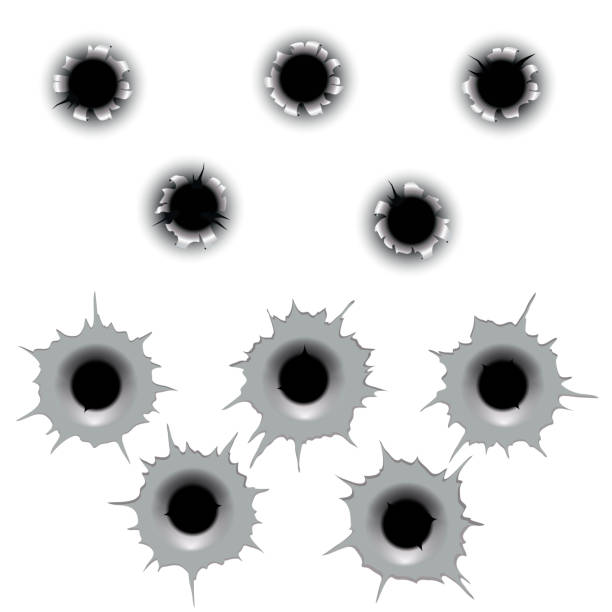 ilustrações de stock, clip art, desenhos animados e ícones de metal bullet hole set vector. input holes and output - bullet hole illustrations