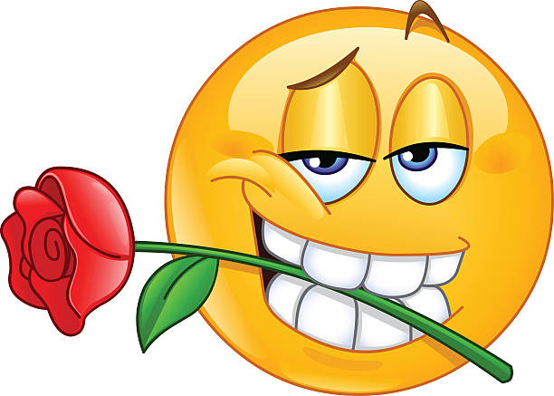 Emoticon with rose between teeth Charming emoticon holding rose flower between teeth in mouth rose cartoon stock illustrations