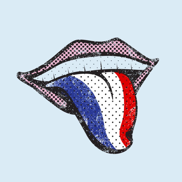 French language learning tongue icon French language learning. Study French icon for dictionary, translator. Flag of France, Paris for language speaking on tongue paris red lips stock illustrations