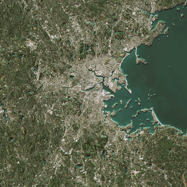 boston topographic map natural color top view - massachusetts bay imagens e fotografias de stock