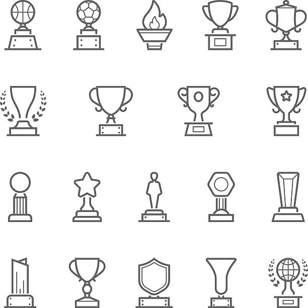 ilustraciones, imágenes clip art, dibujos animados e iconos de stock de conjunto de iconos de trazo de contorno vectorial de premios trofeo - laurel wreath bay tree wreath gold