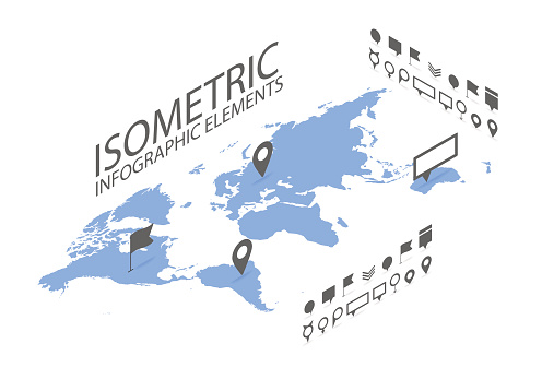 Isometric GPS navigation concept, World map application and marker pin pointer, vector