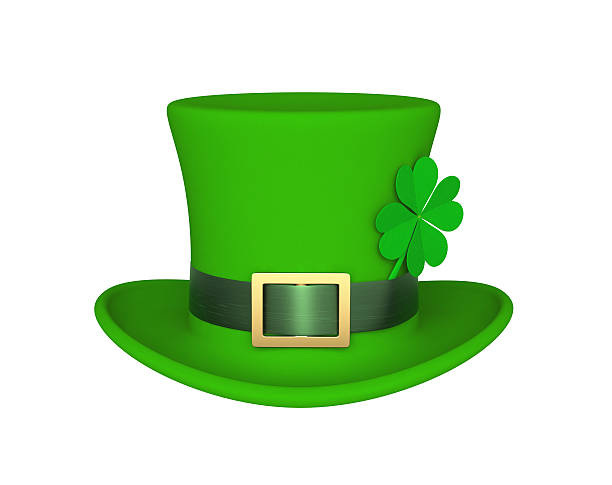Lucky green hat with clover for Saint Patrick's Day Lucky green hat with clover for Saint Patrick's Day, isolated on white. 3D rendering leprechaun hat stock pictures, royalty-free photos & images