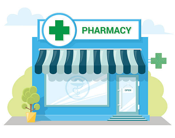 Facade pharmacy store with a signboard, awning, symbol on shopwindow. Facade pharmacy store with a signboard, awning and symbol in shopwindow. Abstract image in a flat design. Front shop for Concept brochure or banner. Vector illustration isolated on white background pharmacy stock illustrations