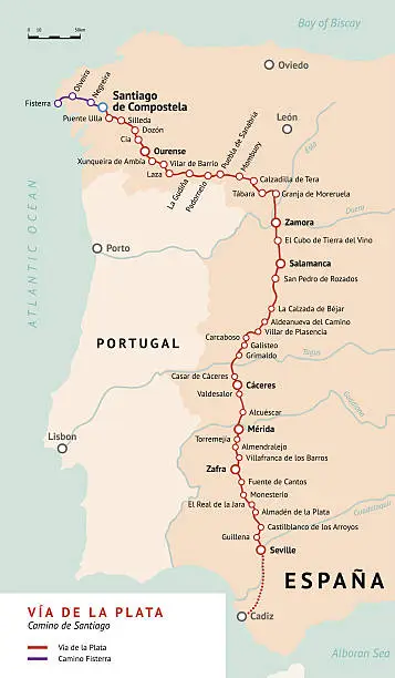 Vector illustration of Via de la Plata map. Camino De Santiago, Spain.
