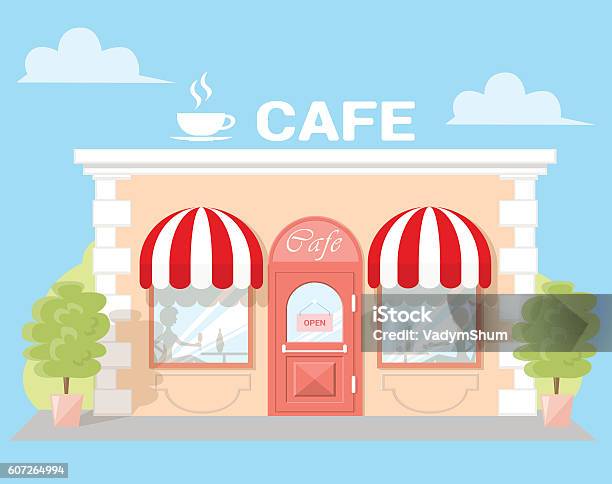 Facade Cafe With A Signboard Awning Silhouettes People In Shopwindow Stock Illustration - Download Image Now