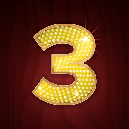 Gold light lamp bulb font number 3 Three. Sparkling glitter design in style of vegas casino, burlesque cabaret and boadway show decoration. Shining numbers symbols of alphabet set for light board