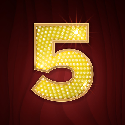 Gold light lamp bulb font number 5 Five. Sparkling glitter design in style of vegas casino, burlesque cabaret and boadway show decoration. Shining numbers symbols of alphabet set for light board