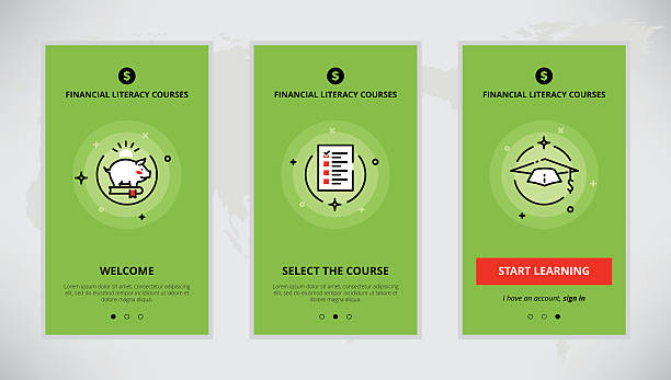 Onboarding design concept for financial literacy courses Modern vector flat line mobile app design set of financial literacy courses. Onboarding screens for financial literacy course online financial literacy stock illustrations
