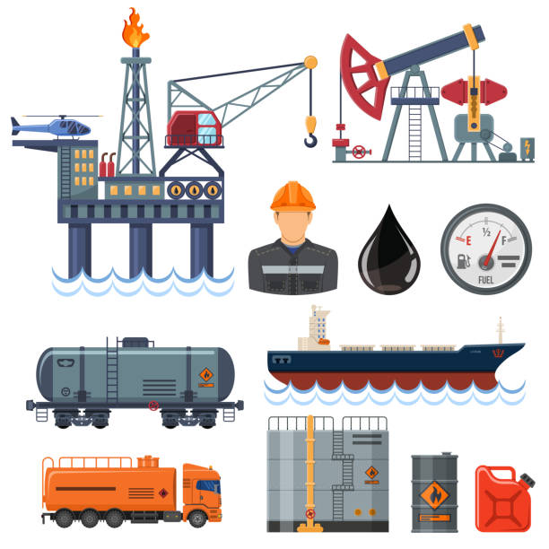 illustrazioni stock, clip art, cartoni animati e icone di tendenza di set icone piatte dell'industria petrolifera - oil rig oil industry sea oil