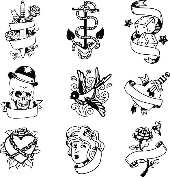 Old vintage tattoo vector illustration Old school tattoo element vector illustration. Cartoon vector tattoo in funny style and old vintage ink hand drawn tattoo. Old vintage style tattoo bird and rose tattoo stock illustrations