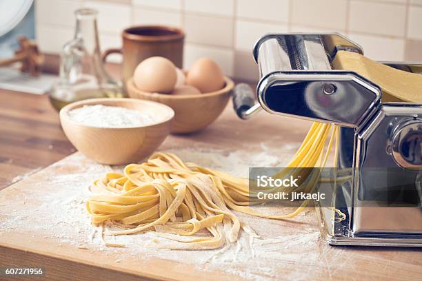 Fresh Pasta And Pasta Machine Stock Photo - Download Image Now - Making, Pasta, Preparation