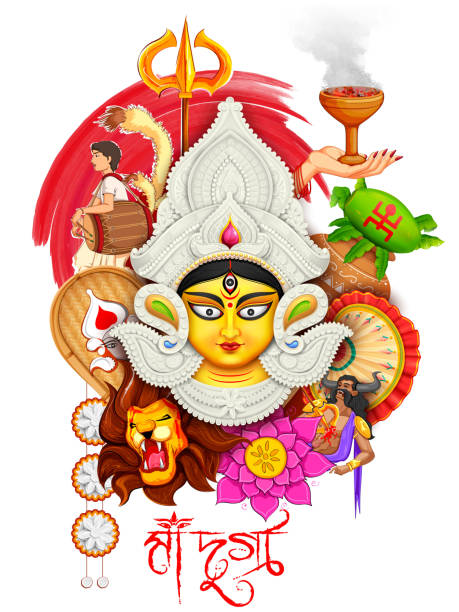 ilustrações, clipart, desenhos animados e ícones de deusa durga em subho bijoya happy dussehra fundo - devi