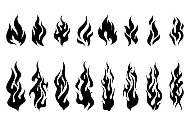 Fire tattoo vector set Fire tattoo vector. Fire flames tattoo set. Illustration monochrome flame black tattoo stock illustrations