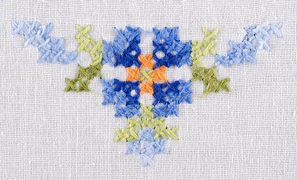 istock Blue flower tringle motiv hand embroidery on white linen tablecloth 607275594