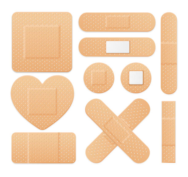 ilustraciones, imágenes clip art, dibujos animados e iconos de stock de aid band plaster strip medical patch set. vector - esparadrapo