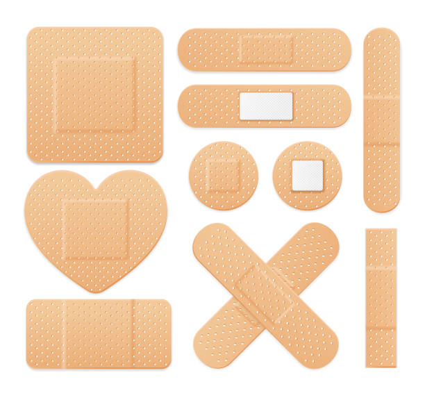 illustrations, cliparts, dessins animés et icônes de bande d’aide bande de plâtre ensemble de patchs médicaux. vecteur - bandage material