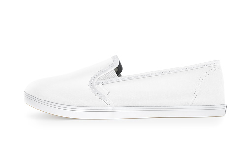 Blank white slip-on shoe design mockup, side view, clipping path, 3d rendering. Plain hipster slipon mock up template stand. Urban skate shoes with clear label presentation.