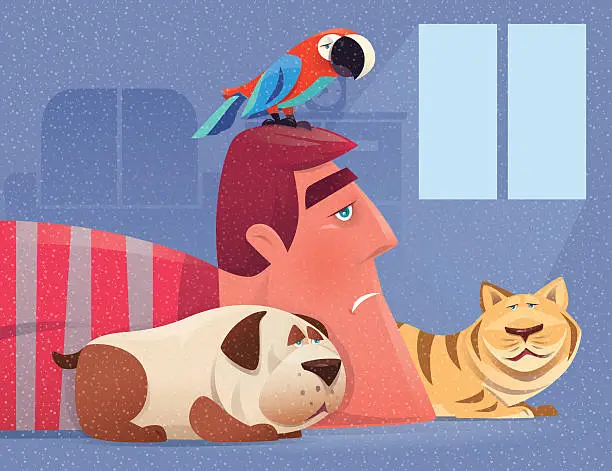 Vector illustration of sad man with pets