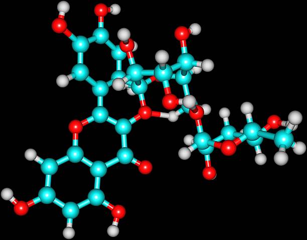 estructura molecular de la rutina aislada sobre negro - antioxidant quercetin molecule flavonoid fotografías e imágenes de stock