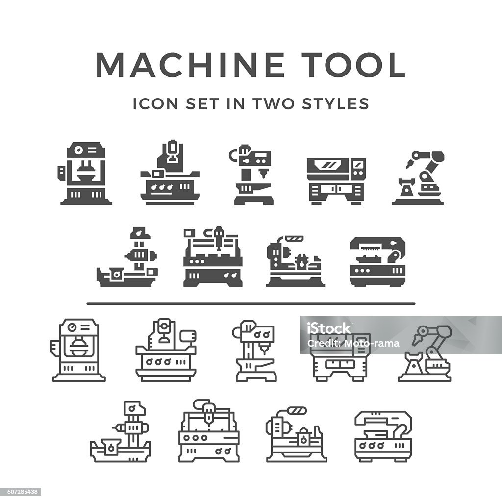 Conjunto de iconos de la máquina herramienta - arte vectorial de Máquina CNC libre de derechos