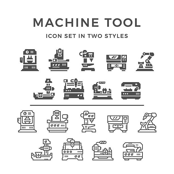 ilustraciones, imágenes clip art, dibujos animados e iconos de stock de conjunto de iconos de la máquina herramienta - torno
