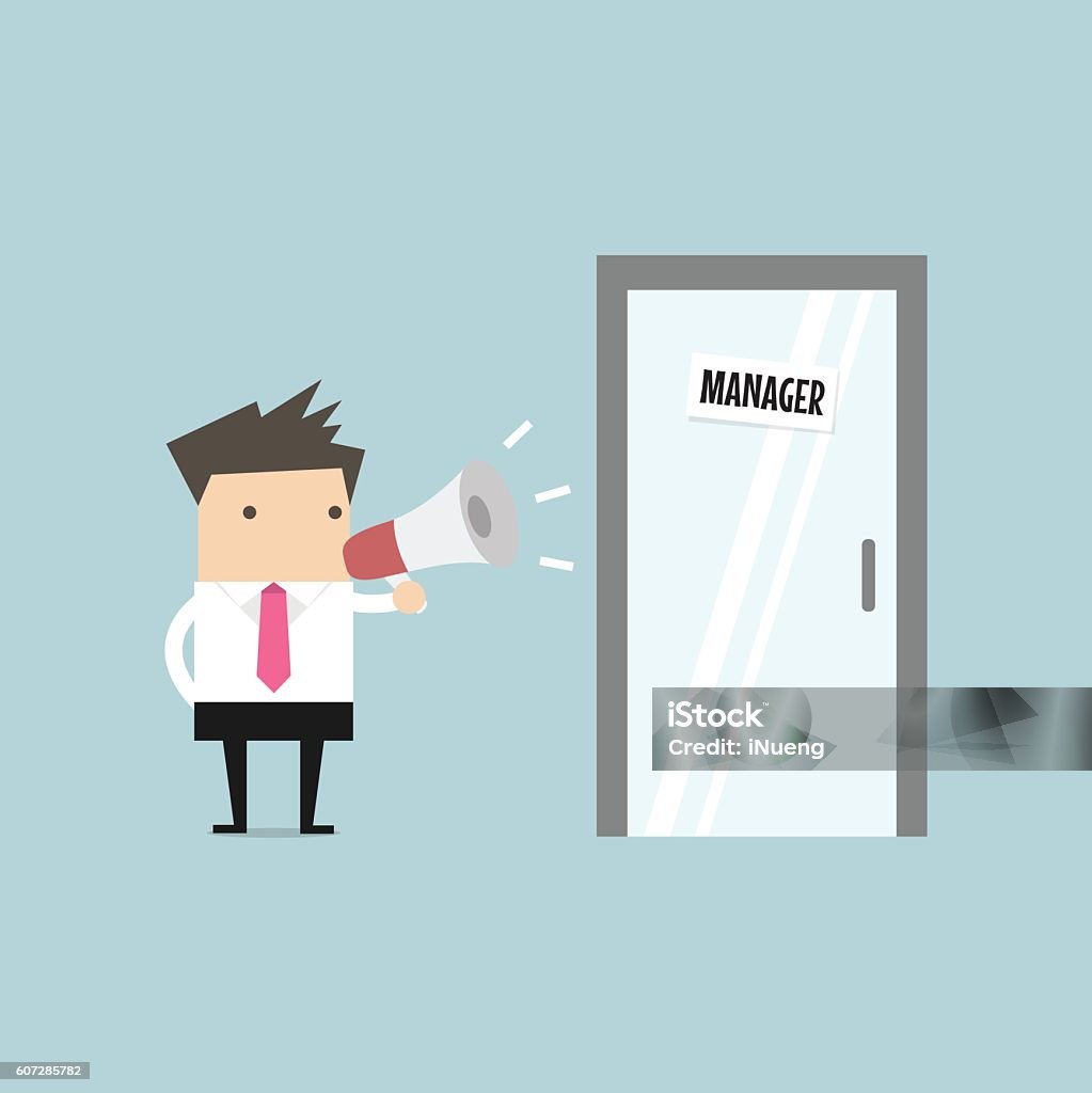 Businessman shouting through megaphone outside manager room. Businessman shouting through megaphone outside manager room. vector Abstract stock vector