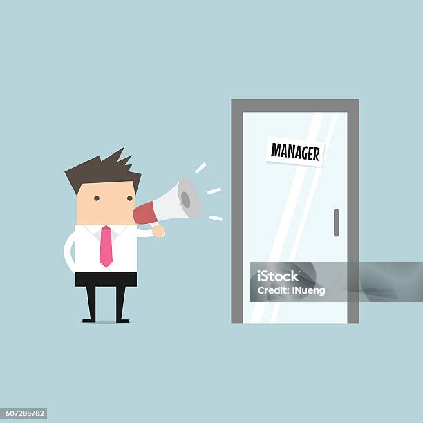 Businessman Shouting Through Megaphone Outside Manager Room Stock Illustration - Download Image Now