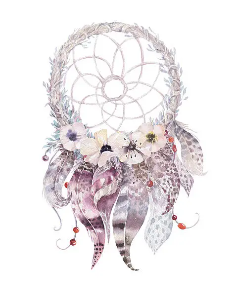 Photo of Isolated Watercolor decoration bohemian dreamcatcher. Boho feath