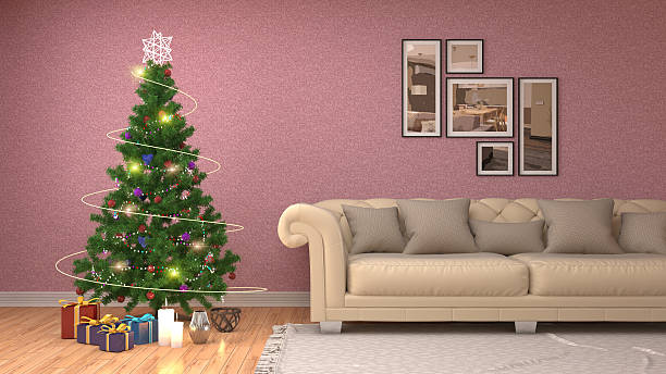 istock Christmas tree with decorations in the living room. 3d illustrat 607286974