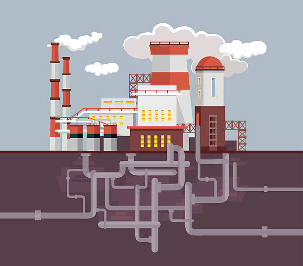 fabryka przemysłowa. wektor płaska ilustracja z kreskówek - factory pollution smoke cartoon stock illustrations