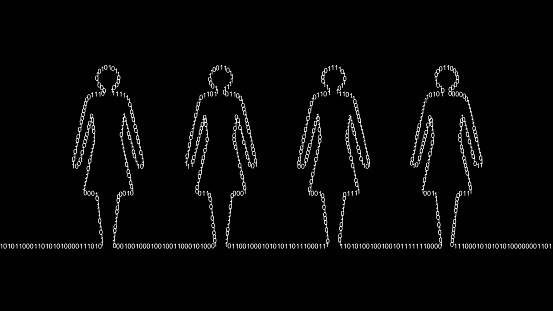 Stylized female figures linked and made from binary code.