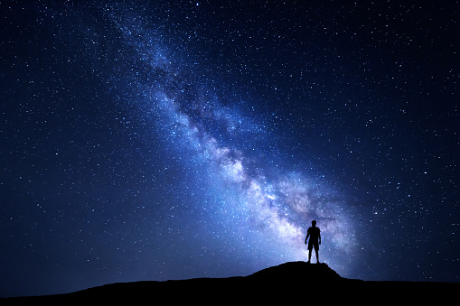 Milky Way And Silhouette Of Alone Man Night Landscape Stock Photo -  Download Image Now - iStock
