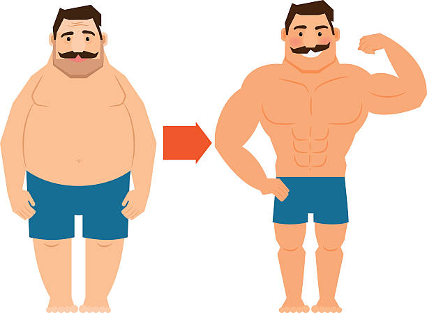 ilustraciones, imágenes clip art, dibujos animados e iconos de stock de hombre gordo y delgado con bigote - muscular build human muscle men anatomy