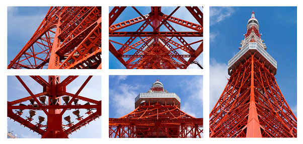 close up detail of Tokyo tower is the first iron steel building construction for broadcast and radio in Japan. The landmark of Japan in blue sky