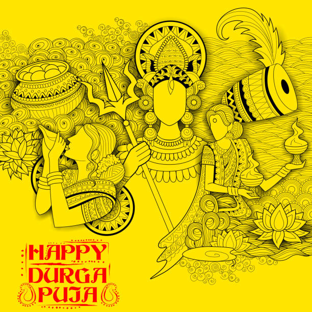 ilustrações, clipart, desenhos animados e ícones de deusa durga em subho bijoya happy dussehra fundo - devi
