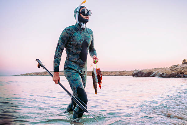 photo of a freediver coming back from spear fishing photo of a freediver fully equipped coming back from spear fishing,getting out of the sea holding in one hand the spear gun and in the other the cathed fish spear stock pictures, royalty-free photos & images