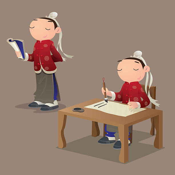 illustrazioni stock, clip art, cartoni animati e icone di tendenza di cartone animato antico allievo cinese - old fashioned desk student book