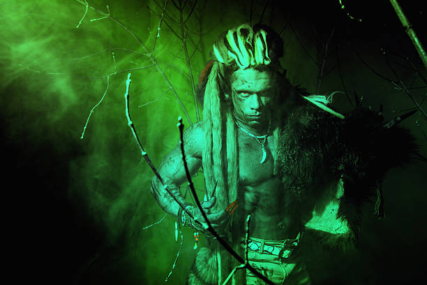 istock Strong werewolf, demon among the trees in the fog. 607296894