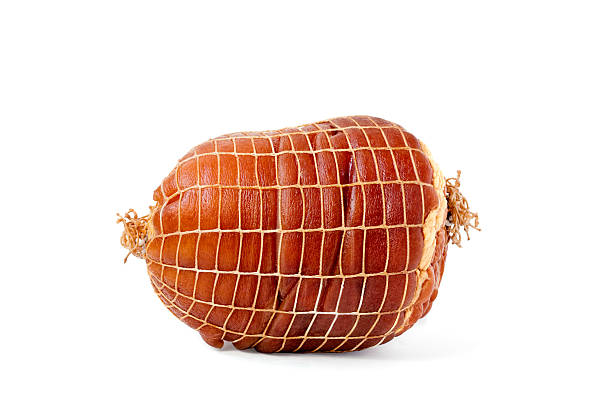 Smoked boneless pork ham hock wrapped in netting isolated on white