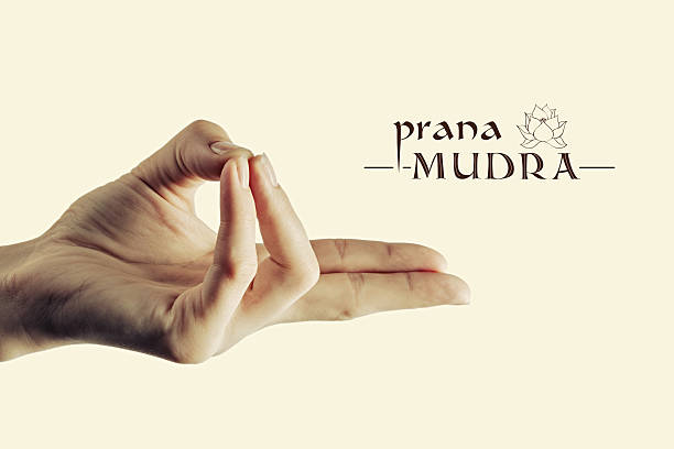 Prana mudra color Image of woman hand in prana mudra. Gesture is  isolated on toned background. mudra stock pictures, royalty-free photos & images