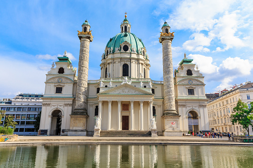 Beautiful baroque Karlskirche Church influenced by oriental architecture built in 1715 in the beautiful city of Vienna. ProPhoto profile for precise color reproduction.